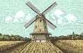 Windmill landscape in vintage, retro hand drawn or engraved style, can be use for bakery logo, wheat field with old Royalty Free Stock Photo