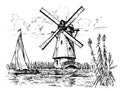Windmill landscape in vintage, retro hand drawn or engraved style, can be use for ecological bakery logo, wheat field