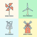 Windmill linear logo set. Eco friendly wind force sustainable energy signs