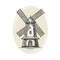Windmill logo or label. Farm, agriculture, bakery, bread icon. Hand drawn vintage vector
