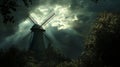 A windmill is in the middle of a forest with a cloudy sky Royalty Free Stock Photo