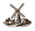 Windmill, mill logo or label. Farm, rural landscape, agriculture, bakery, bread icon. Vintage vector illustration Royalty Free Stock Photo