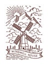 Windmill and mountain line illustration vector