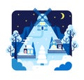 Windmill on the mountain, small houses, trees covered with snow, a crescent moon and stars in the night sky - vector