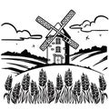 Windmill near wheat field in countryside engraving line. Vector illustration