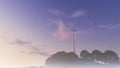 Windmill power generator ontop of the hill covered with trees, against deep blue sky. rendering