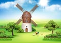 Windmill. Realistic outdoor background with windmill hills and grass field decent vector template