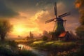 Windmill river sunset. Generate Ai Royalty Free Stock Photo