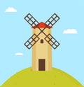 Windmill on Round Hill Color Vector Illustration