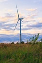 Windmill on rural field in the sunset. Wind turbines farm Royalty Free Stock Photo