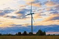 Windmill on rural field in the sunset. Wind turbines farm Royalty Free Stock Photo