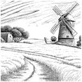 Windmill in a rural landscape. Wheat field sketch vintage