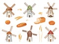 Windmill. Rural symbols construction making flour bakery food production from wheat decent vector pictures set in