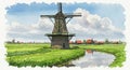 Windmill set in a Dutch landscape with expansive green fields and a narrow canal Royalty Free Stock Photo