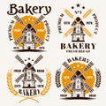 Windmill set of vector colored emblems for bakery