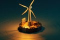 Windmill on Stacks of golden coins. Return on investment on renewable clean energy.