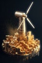 Windmill on Stacks of golden coins. Return on investment on renewable clean energy.