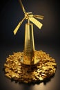 Windmill on Stacks of golden coins. Return on investment on renewable clean energy.