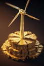 Windmill on Stacks of golden coins. Return on investment on renewable clean energy.