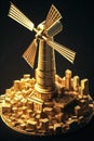 Windmill on Stacks of golden coins. Return on investment on renewable clean energy.