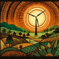 Windmill on the background of the sun, palm trees and mountains, generative ai