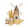 Windmill tower on wheat field with flour sack, Crispy French baguettes in craft bag with bunch of spikelets of wheat