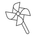 Windmill toy thin line icon, kid toys concept, vane paper toy sign on white background, Pinwheel icon in outline style