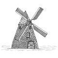 Windmill, vector doodle illustration, hand drawing