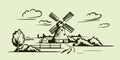 Windmill, village houses and farmland