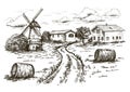 Windmill, village houses and farmland