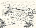 Windmill, village houses and farmland