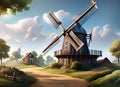 Windmill in a village, summer time, green Valley, clouds, blue sky