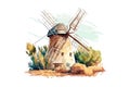 Windmill vintage watercolor hand drawn. Vector illustration desing