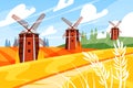 Windmill on wheat farm. Scenic flour fields. Dutch wind mill in summer nature landscape. Agriculture building. Grain Royalty Free Stock Photo