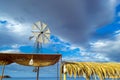 Windmill with white propeller. Bali, Crete, Greece Royalty Free Stock Photo