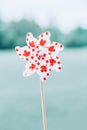 Windmill whizzer with red maple leaves on white background outside outdoors in park. Toy with Canadian flag