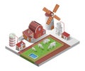Windmills and cattle ranchers in isometric illustration