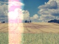 Windmills in countryside landscape. Nature landscape. Sunset in wheat field Royalty Free Stock Photo