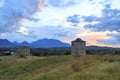 Windmills in Datca, Turkey during sunset. Royalty Free Stock Photo