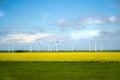 Windmills for electric power - Energy Production with clean and Renewable Energy with green field. Landscape with windmills. Engli