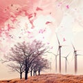 Windmills in the field with birds in the sky. 3d rendering, generative ai