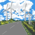 windmills in a field on both sides of the road