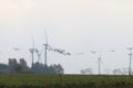 Windmills and flying cranes in autumn, LÃÂ¼dershagen, Germany Royalty Free Stock Photo