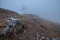 Windmills in the fog in Consuegra town in Spain Royalty Free Stock Photo