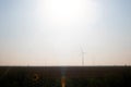 Windmills in the fog near a field of sunflowers. Early morning. See the movement of the blades, as a strong wind is blowing. Wind Royalty Free Stock Photo