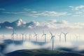 Windmills in a Foggy Field, A Serene Landscape Captured in the Mist, Renewable energy with wind turbines peeking out among the