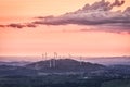 Windmills on a hill with fog Royalty Free Stock Photo