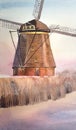 Windmills in Kinderdijk, hand painted watercolor illustration, picturesque landscape, Netherlands landmarks