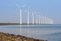 Windmills mirroring in the calm sea