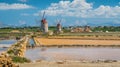 Windmills at the natural reserve of the `Saline dello Stagnone` near Marsala and Trapani, Sicily.